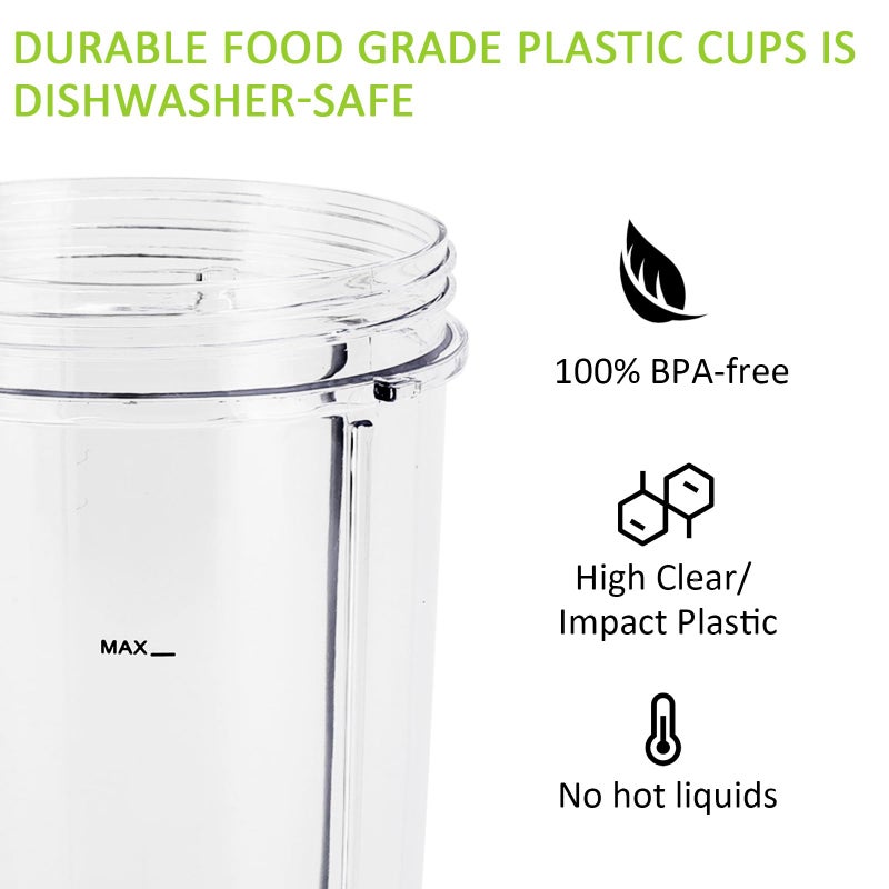 Feilifan أكواب خلاط سعة 24 أونصة متوافقة مع سلسلة NutriBullet Pro 900w/600w، قطع غيار لـ NutriBullet مع 2 غطاء قابل للطي وأسطوانات خلط (عبوة 2)  - Image 4